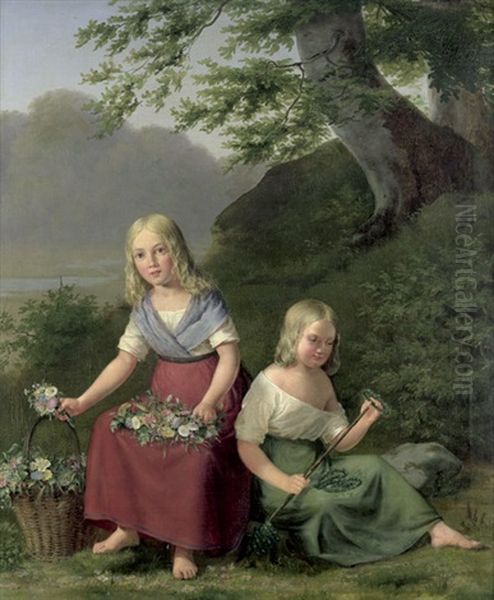 Zwei Madchen, Kranze Fur Das Mittsommerfest Flechtend Oil Painting by Frederik Ferdinand Helsted