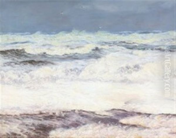 Breaking Waves On The West Coast Of Agger Oil Painting by Viggo Lauritz Helsted