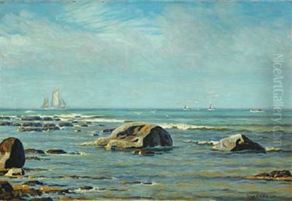 Seascape With Sailing Boats At The Horizon Oil Painting by Viggo Lauritz Helsted