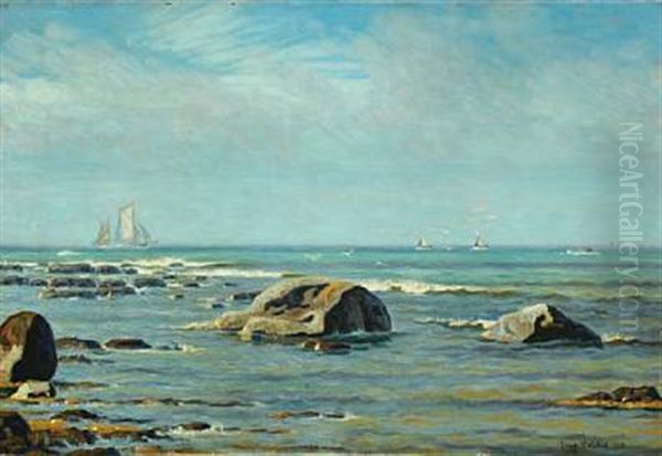 Seascape With Sailing Boats At The Horizon Oil Painting by Viggo Lauritz Helsted