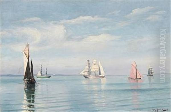 Seascape With Sailing Ships On A Summer Day Oil Painting by Viggo Lauritz Helsted