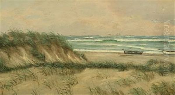 Seashore With Dinghies On The Beach, On The Horizon Sailing Ships Oil Painting by Viggo Lauritz Helsted