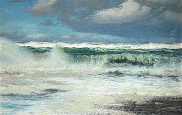 Udsigt Over Havet, I Horisonten En Damper Oil Painting by Viggo Lauritz Helsted