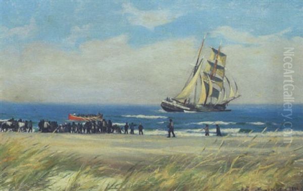 En Stranding - Taagen Lettet Oil Painting by Viggo Lauritz Helsted