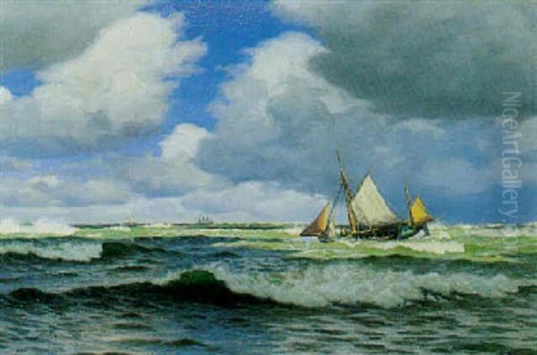 Marine Med Sejlskib I Braending Oil Painting by Viggo Lauritz Helsted