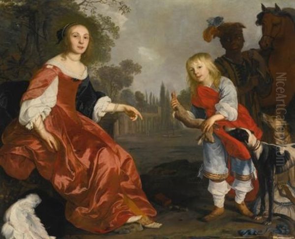 Portrait Of Two Children, Full Length, As Hunters In A Garden With Two Hounds And A Servant Leading A Horse Oil Painting by Nicolaes de (Stocade) Helt