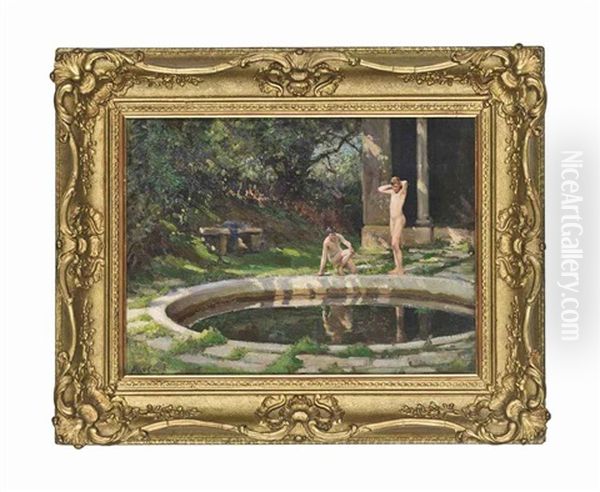 An Alfresco Bath Oil Painting by Augustus Morton Hely-Smith