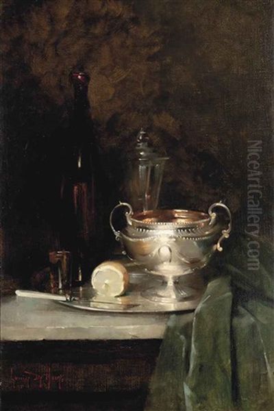 A Silver Bowl, A Lemon, A Knife, A Bottle And A Glass On A Salver On A Draped Marble Ledge Oil Painting by Louise De Hem