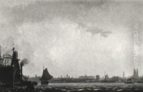 Shipping On The Ij. With The Skyline Of Amsterdam Beyond by Albert Hemelman