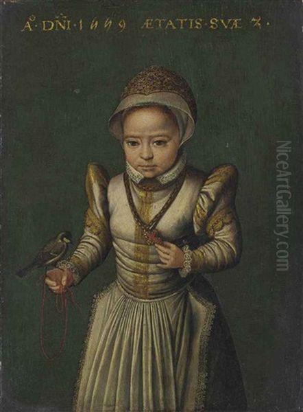 Portrait Of A Child, Small Three-quarter-length, In A White Embroidered Dress Lined With Lace And A Cap, Holding A Great Tit Oil Painting by Catharina van (Sanders) Hemessen