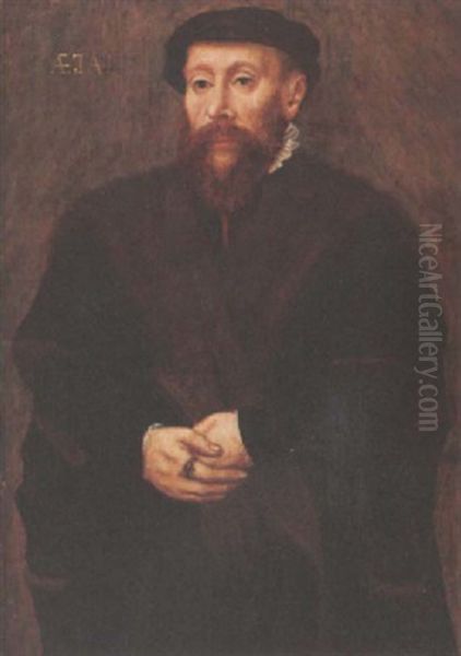 A Portrait Of A Bearded Man, Aged 46, Wearing A Fur-trimmed Black Coat And Holding Gloves Oil Painting by Catharina van (Sanders) Hemessen