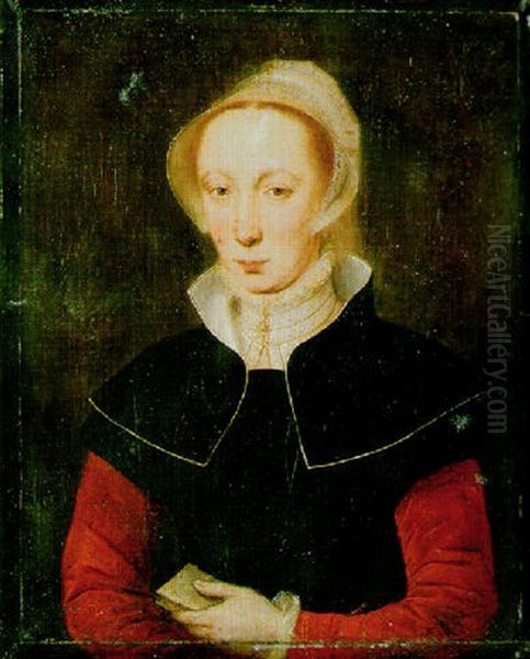 Portrait Of A Lady In A Black Dress With Red Sleeves, A Book In Her Left Hand Oil Painting by Catharina van (Sanders) Hemessen