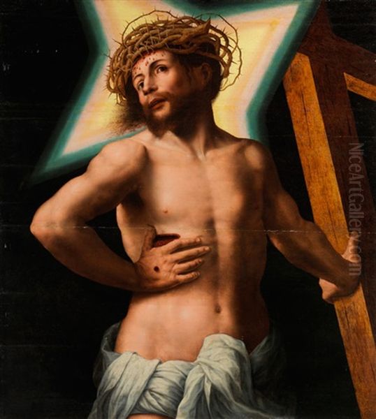 Der Auferstandene Christus Mit Dem Kreuz Und Sternformigem Leuchtenden Nimbus Oil Painting by Jan Sanders (Jan van) Hemessen