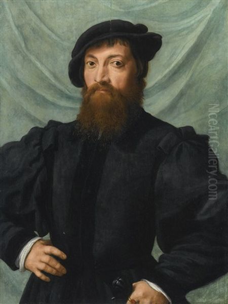 Portrait Of A Man, Half-length, Standing Before A Green Curtain Oil Painting by Jan Sanders (Jan van) Hemessen