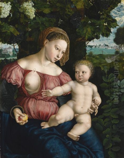 Virgin And Child Beneath A Vine Oil Painting by Jan Sanders (Jan van) Hemessen