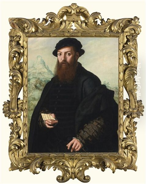 Portrait Of A Bearded Gentleman, Aged 34, Before An Extensive Landscape Oil Painting by Jan Sanders (Jan van) Hemessen