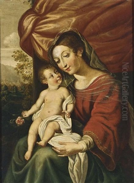 Madonna And Child Before A Curtain, A Landscape Beyond Oil Painting by Jan Sanders (Jan van) Hemessen