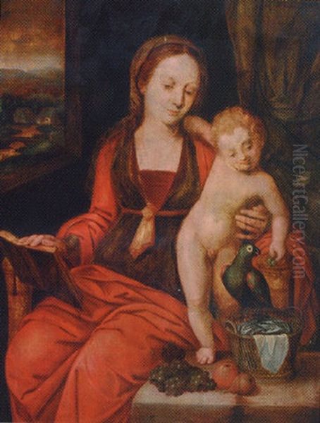 The Madonna And Child With A Parakeet Oil Painting by Jan Sanders (Jan van) Hemessen