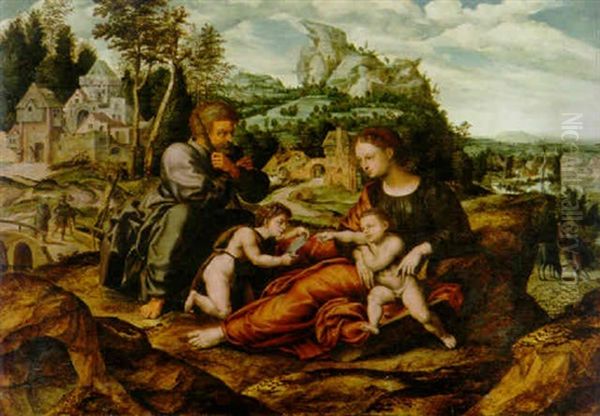 The Holy Family With The Infant Saint John The Baptist On The Return Form Egypt Oil Painting by Jan Sanders (Jan van) Hemessen