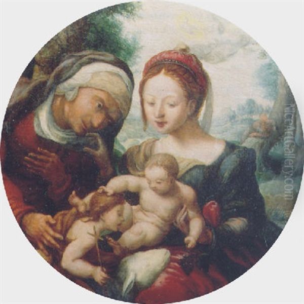 The Madonna And Child Adored By Saint Elisabeth And The Infant Saint John The Baptist In A Landscape Oil Painting by Jan Sanders (Jan van) Hemessen