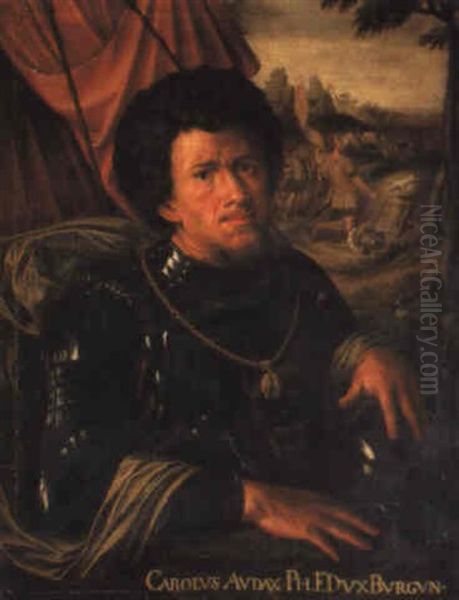 Portrait Of Charles The Bold Wearing Armour With His Hand On A Helmut Oil Painting by Jan Sanders (Jan van) Hemessen