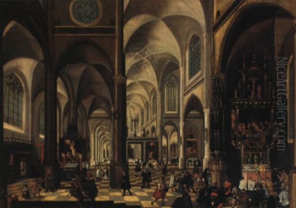 Figures In A Church Interior Oil Painting by Jan Sanders (Jan van) Hemessen