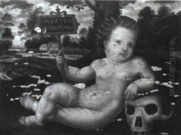 Vanitas: Infant Leaning On A Skull In A Wooded River Landscape by Jan Sanders (Jan van) Hemessen