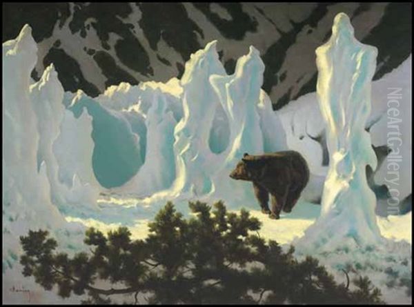 Grizzly Bear In Ice Forms In The Rockies Oil Painting by Arthur Heming