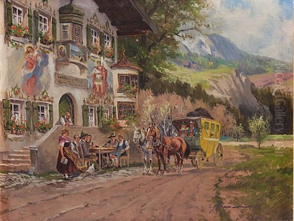 Ankunft Der Postkutsche Vor Dem Gasthof Zur Post Oil Painting by Georg Hemmrich