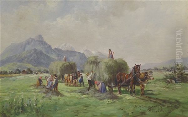 Ernteszene In Bayrischer Voralpenlandschaft Mit Heuwagen Und Reicher Personenstaffage (+ Another, Pair) Oil Painting by Georg Hemmrich