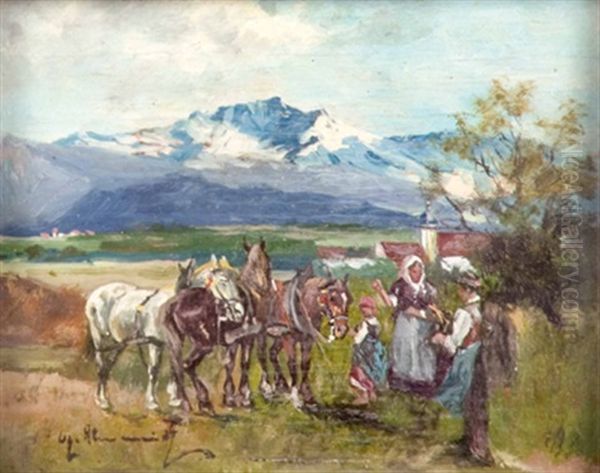 Bauernfamilie Und Pferde Am Feldrand Oil Painting by Georg Hemmrich