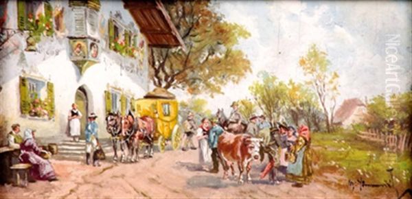 Postkutsche Vor Gasthaus Zur Post Oil Painting by Georg Hemmrich