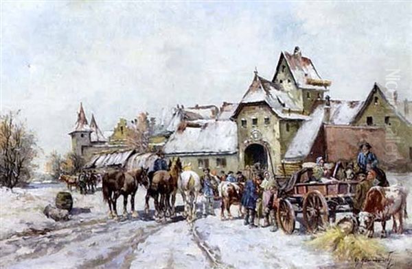 Bauern Mit Furhwerk Vor Dem Stadttor Oil Painting by Georg Hemmrich