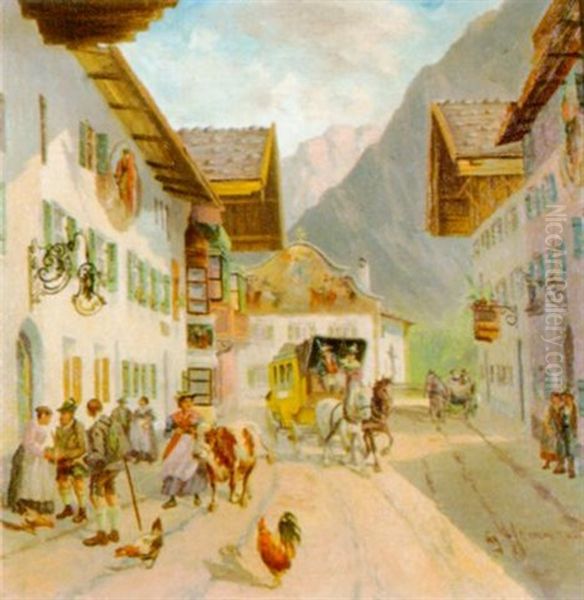 Ankunft Der Postkutsche In Mittenwald Oil Painting by Georg Hemmrich