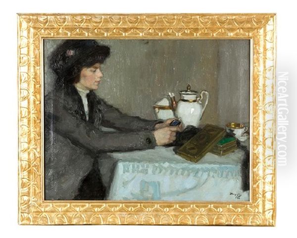 Girl With Cap On A Draped Table Oil Painting by Wilhelm Hempfing