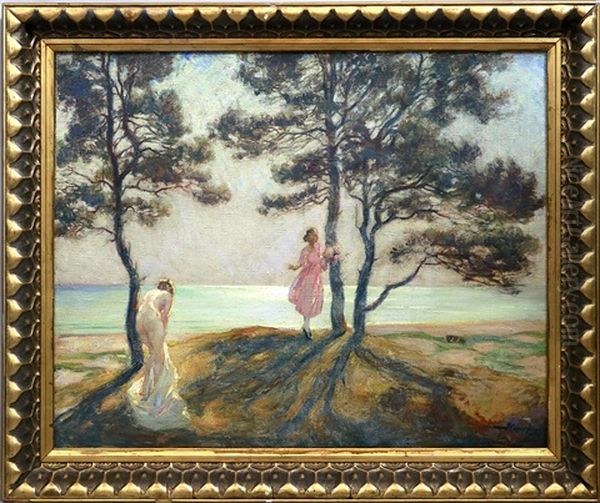 Frauenakt Und Madchen Im Kleid An Einer Meereskuste Oil Painting by Wilhelm Hempfing