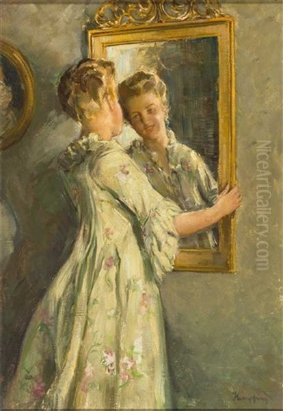 Portrait Einer Sich Im Spiegel Betrachtenden Jungen Frau Oil Painting by Wilhelm Hempfing