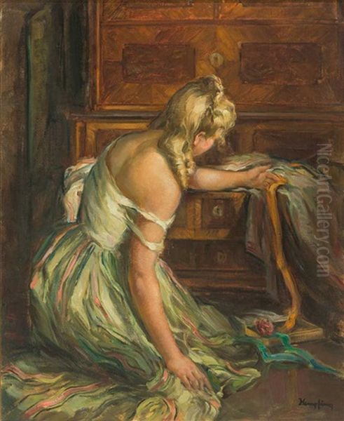 Junge Frau Kniet Vor Einer Louis-seize-kommode Und Sucht Nach Einem Kleid Oil Painting by Wilhelm Hempfing