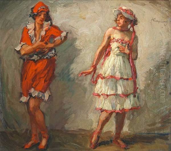 Zwei Sommerlich Gekleidete Junge Frauen Oil Painting by Wilhelm Hempfing