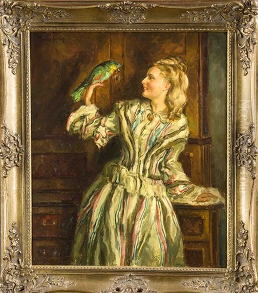 Madchen In Uppigem Kleid Mit Papagei Auf Der Hand Oil Painting by Wilhelm Hempfing