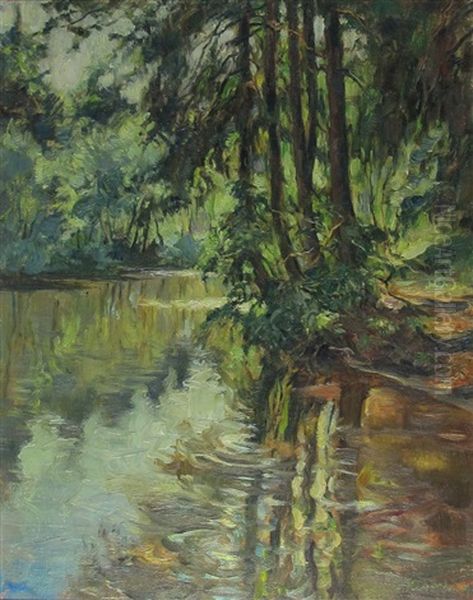 Spiegelnder Waldteich Im Sonnigen Licht Oil Painting by Wilhelm Hempfing