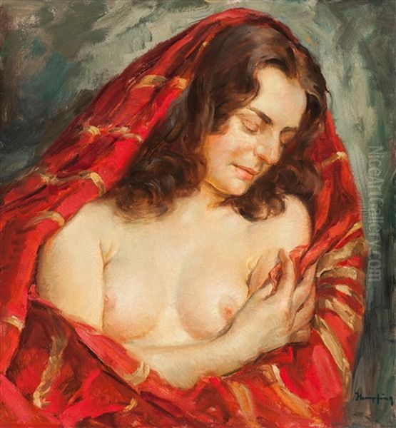 Female Semi-nude With Red Cloth Oil Painting by Wilhelm Hempfing