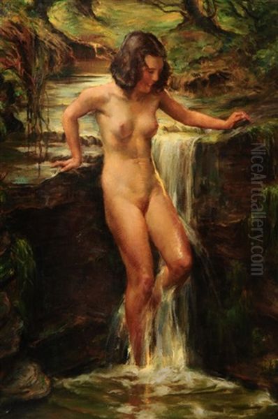 A Wood Nymph Nude By Waterfall Oil Painting by Wilhelm Hempfing