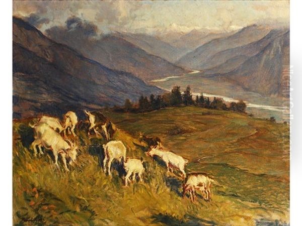 Goats Grazing On A Hillside, Mountains Beyond Oil Painting by Wilhelm Hempfing