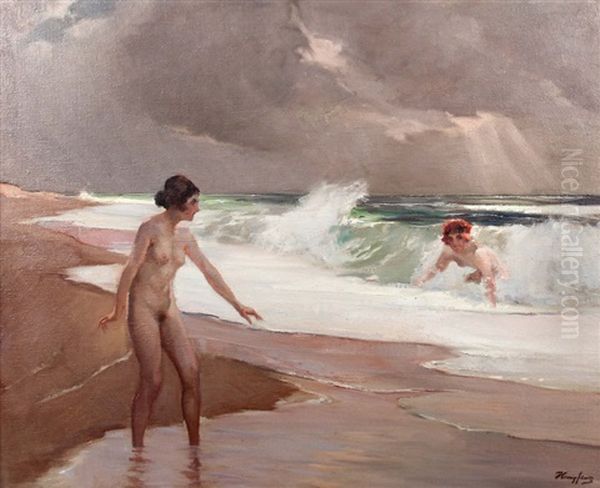 Zwei Badende Damenakte Am Strand Oil Painting by Wilhelm Hempfing