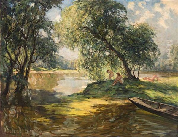 Badende Madchen An Einem See Oil Painting by Wilhelm Hempfing