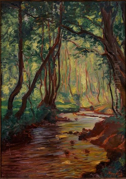 Waldbach Mit Flirrendem Lichteinfall An Einem Fruhlingstag Oil Painting by Wilhelm Hempfing