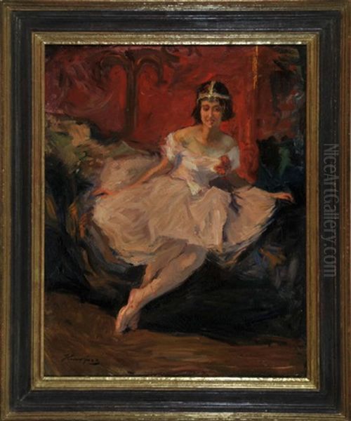 Sitzende Balletttanzerin In Der Garderobe Vor Rotem Hintergrund Oil Painting by Wilhelm Hempfing