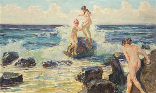 Drei Frauen Am Meer Oil Painting by Wilhelm Hempfing