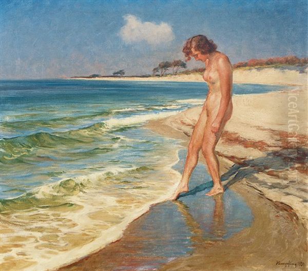 Female Nude At The Sea Oil Painting by Wilhelm Hempfing